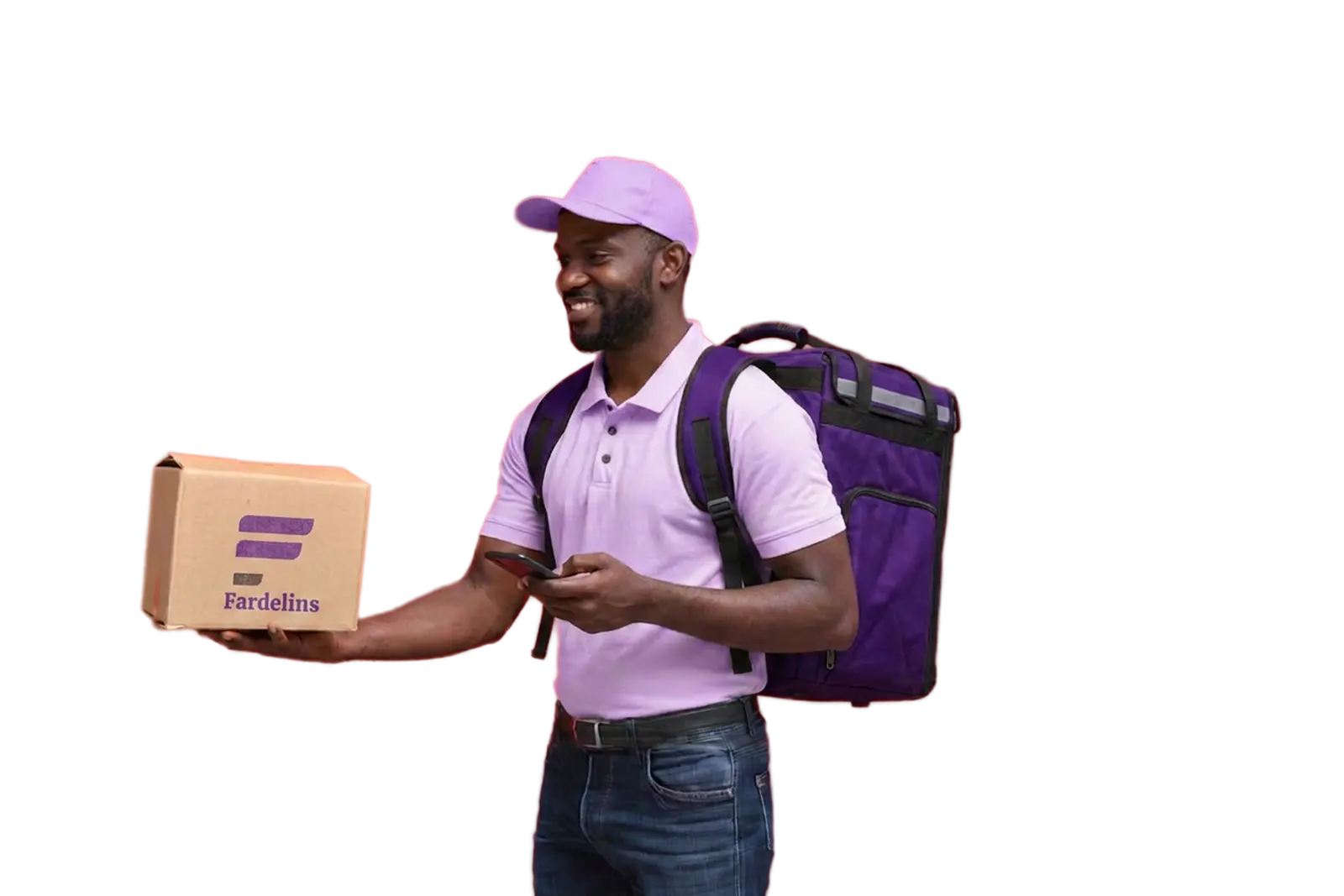 A Fardelins courier holding a parcel and phone