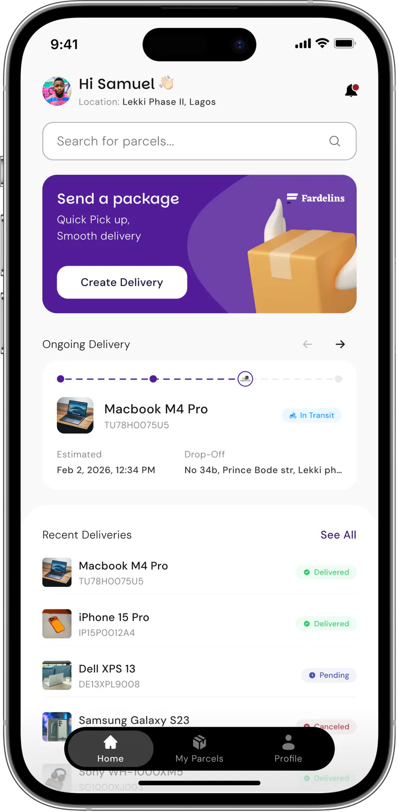 Fardelins app home screen showing an active delivery and recent deliveries